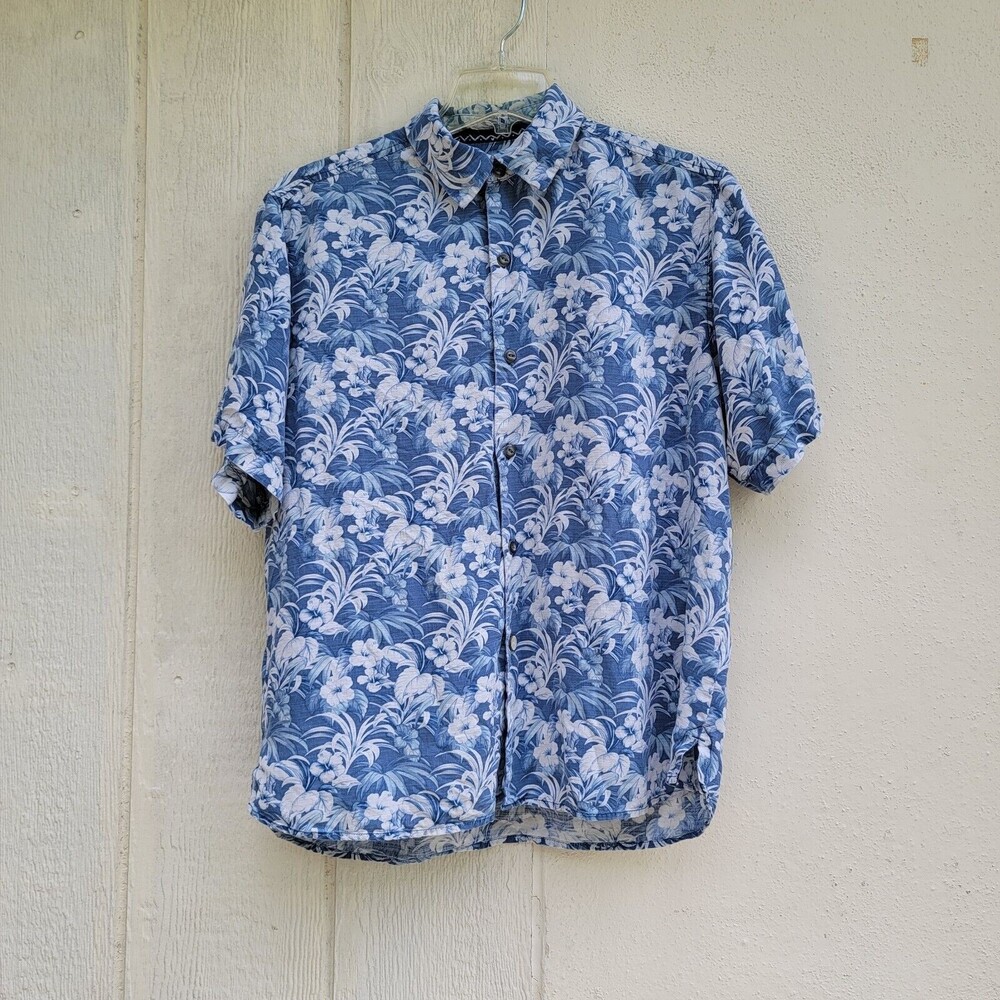womens  Tommy Bahama original fit blue & wht floral print silk button down shirt